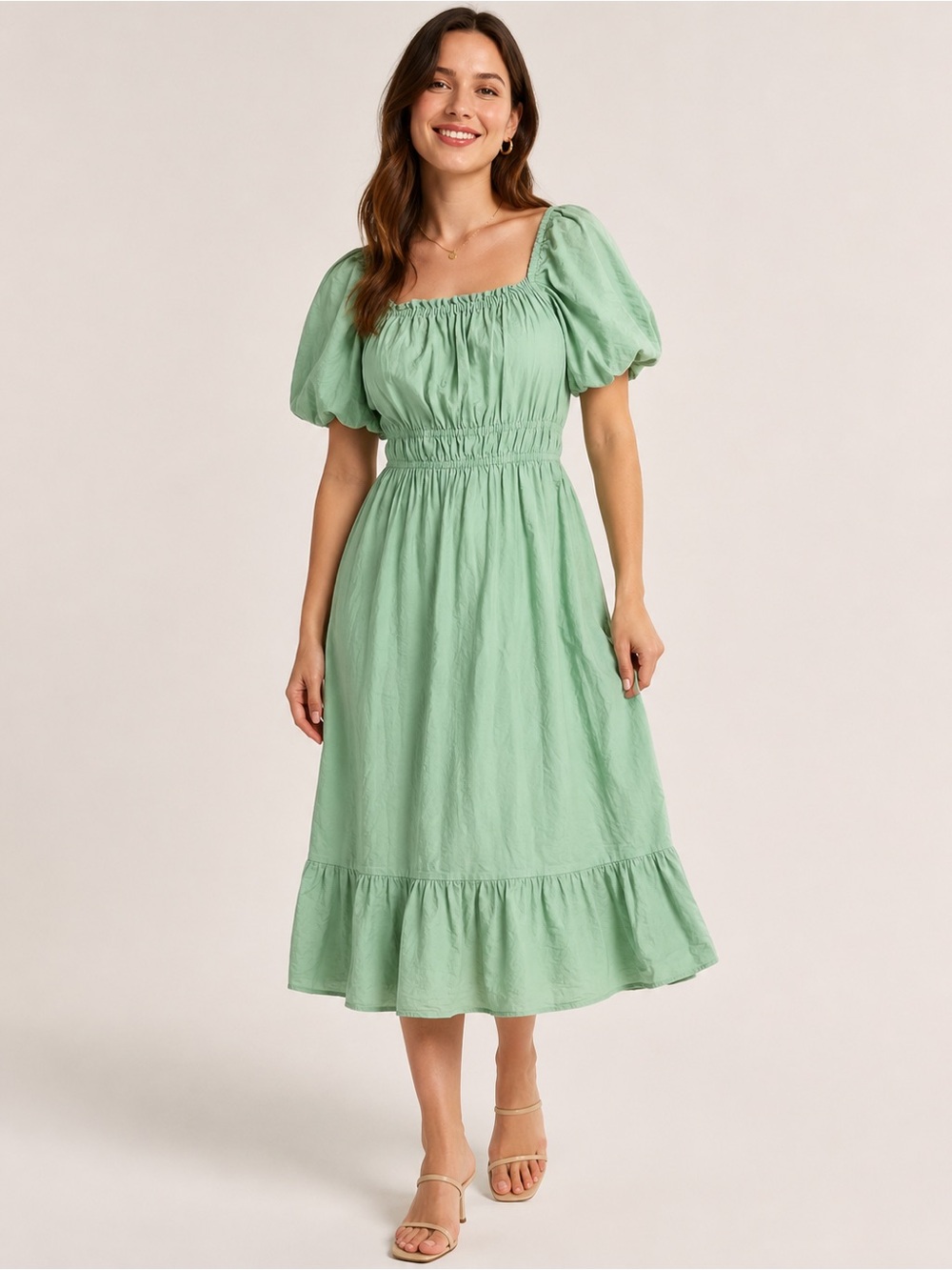 Dizzy Lizzy Sage Green Puff Sleeve Smocked Waist Midi Dress Cottagecore M